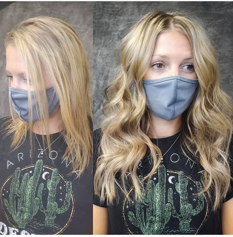 A lady with wavy blonde hair and straight hair collage A lady with wavy blonde hair and straight hair collage