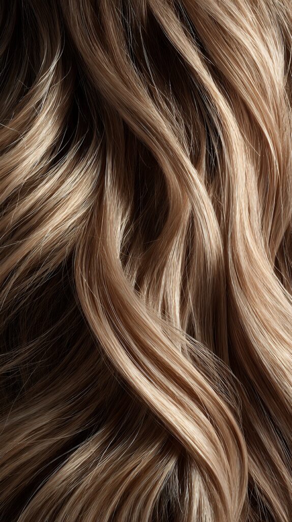 hair, blonde, long, closeup, beauty, hairstyle, style, fashion, elegant, care, healthy, shiny, smooth, texture, brown, highlight, wave, curl, strand, woman, beautiful, ai generated